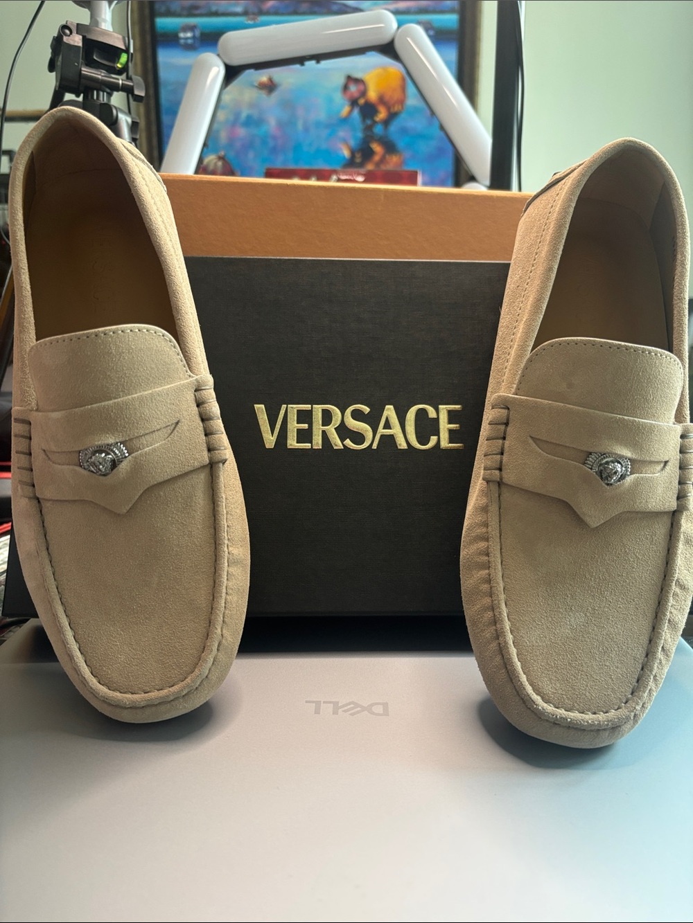 Versace Beige Suede Penny Loafers with Silver Medallion